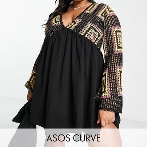 ASOS Crocheted Dress Bell Sleeves Hippy Festival Summer Black Yellow Purple